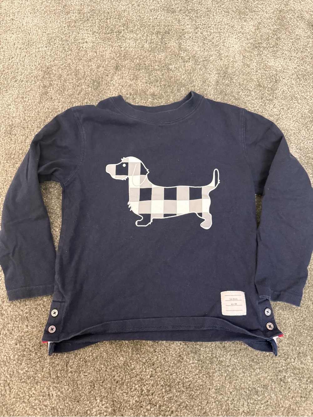 Thom Browne Navy Long-Sleeve Tee with Plaid Dachshund